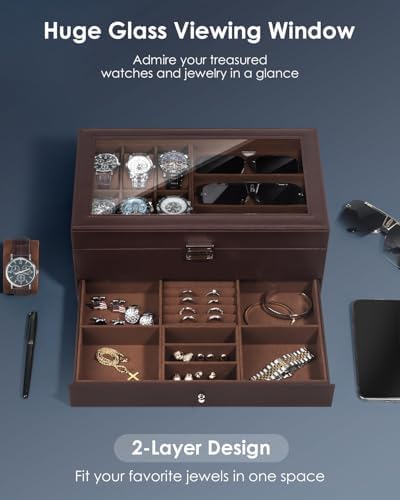 Mens Jewelry Box Organizer, 6 Watch Slots & 3 Sunglasses -Brown - Image 3