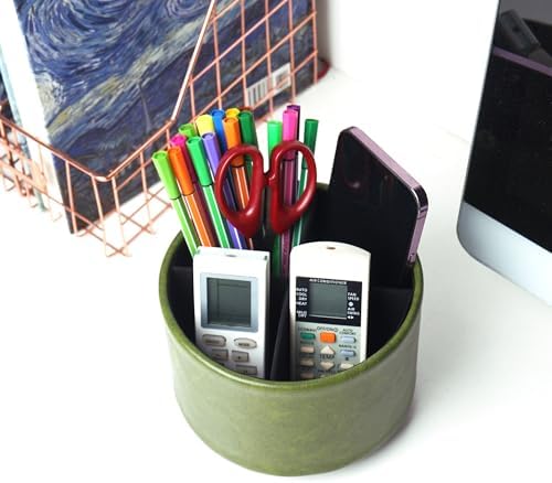 Round Leather Art Supply Organizer,Remote Control Holder,360 Degree Spinning,Multi-Functional Pencil Holder,4 Compartments Desktop Stationary Organizer(1-Oil Bamboo) - Image 6