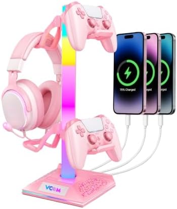 VCOM RGB Gaming Headphones Stand with 2 USB Ports, Pink Headset Stand with 10 Light Modes and Non-Slip Rubber, Suitable for PC Desk Accessories Gamers Gift(Pink) by VCOM