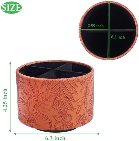Round Leather Art Supply Organizer,Remote Control Holder,360 Degree Spinning,Multi-Functional Pencil Holder,4 Compartments Desktop Stationary Organizer(1-Carved Brown) - Image 2