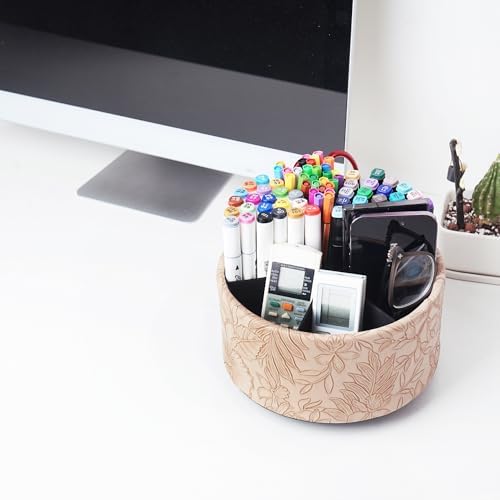Remote Control Holder, 360°Spinning PU Leather Desk TV Remote Caddy,Desk Storage Box Room Accessories for Controller, Media,Mail,Calculator, Mobile Phone,Pencil(1-Carved Light Brown) - Image 7