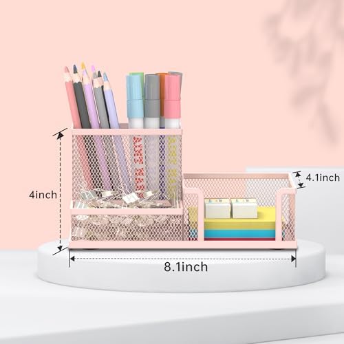 Mesh Pen Holder Desk Organizer, Office Supplies Pencil Storage with 3 Compartments, Office Desk Accessories and Workspace Organizers for Home School Classroom, Pink - Image 4