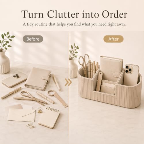 Aesthetic Desk Organizer for Women, Luxury Faux Leather Desk Accessories with 4 Compartments, Minimalist Vanity Organizer for Makeup Brushes, Beige Office Decor for Home, Bedroom & Workspace - Image 6