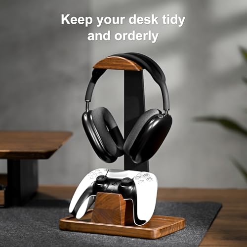 UPERGO Walnut Headphone Stand with Controller Holder & Storage Base - Image 3