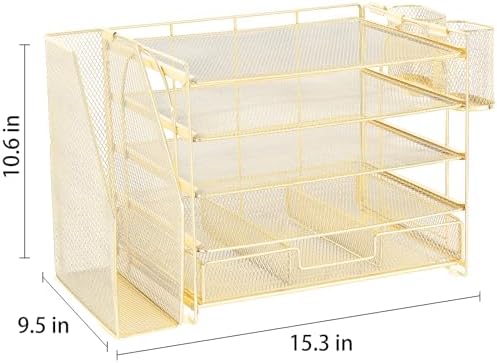 Desk Organizer, 5-Tier Desktop File Organizer with Drawer and Pen Holders, Office Desk Accessories, File Sorters, Workspace Organizers for Office Supplies(Gold) - Image 4