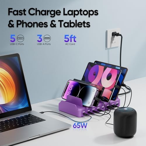 300W Charging Station for Multiple Devices, 8 Port Multi USB C Fast Charger Station Dock for MacBook iPhone 16/15/14/13/12 Samsung Pixel Series iPad, Purple (6 Mixed Short Cables Included) - Image 2