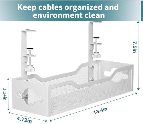 Under Desk Cable Management Tray No Drill, 13.38'' Metal Tray with Clamp for Wire Management, Litwaro Cord Organizer Home Office Damage to Standing Desk, White - Image 7