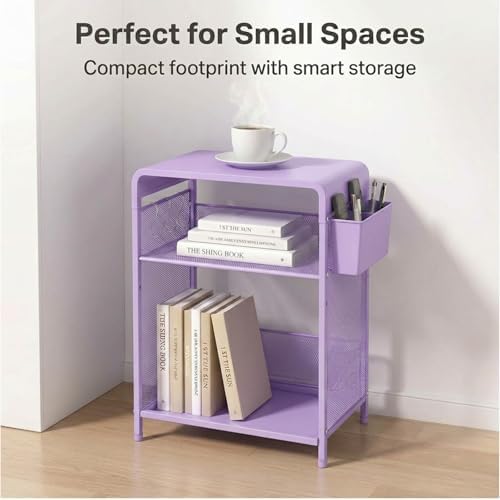 Small 3 Tier Printer Stand for Under Desk, Height Adjustable Shelf Printer Table with 3 S-Hooks & Basket, Heavy Duty Industrial Storage Shelf for Home Office (Purple) - Image 2