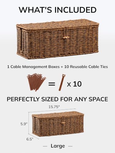Cable Management Box, Cord Organizer with Lid & Cable Ties - Brown, L - Image 2