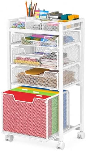 Rolling File Cart with 4 Storage Drawers, Under Desk Filing Cabinet with DIY Divider, Hanging File Folder Organizer on Wheels, Fits A4/Letter Size, Metal Utility Cart for Home Office, White by JKsmart