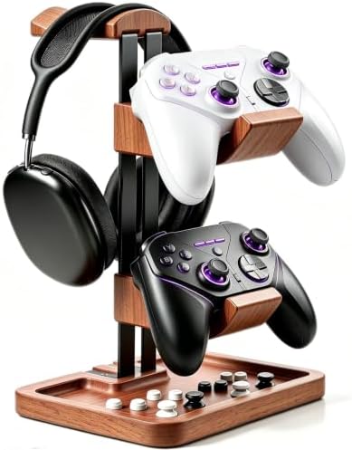 Walnut Headphone and Controller Stand, 2-in-1 Holder with Storage by LOXP