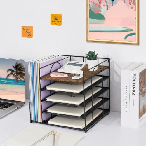 Desk Organizers and Accessories, 5-Tier Paper Letter Tray Organizer with File Holder, Desktop Organizer for Office Supplies (Wood) - Image 5