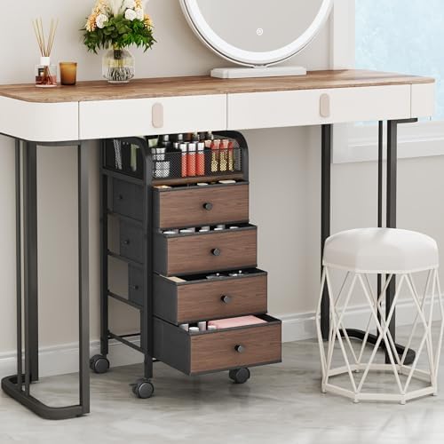 Rolling Makeup Organizer Cart - Under Desk Vanity Makeup Storage with 4 Non-woven Drawers, Nail Cart Organizer Cosmetic Display Cases Cabinet for Skin Care Perfume Nail Polish Brush Hair Tool - Image 3