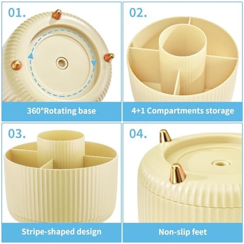 Marbrasse Desk Organizer, 360-Degree Rotating Pen Holder, Desk Organizers and Accessories with 5 Compartments Pencil Holder, Art Supply Storage Box Caddy for Office, Home (Yellow) - Image 4