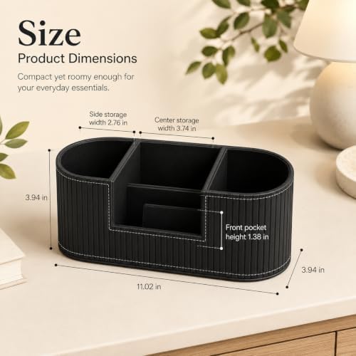 Modern Leather Desk Organizer for Men & Women, Aesthetic Office Desk Accessories Organizer, Faux Leather Vanity Organizer for Pens, Makeup Brushes, Remote Controls, Black Minimalist Desk Decor - Image 2