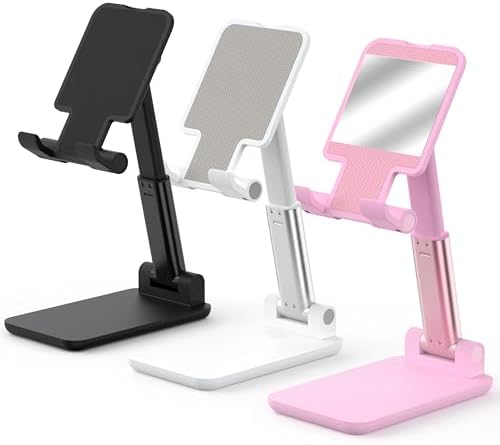 Cell Phone Stand, Adjustable Angle and Height Cell Phone Holder for Desk, Foldable and Portable, Anti-Slip Silicone Pad, Compatible with All Mobile Phones and 4-8 Inch Devices (Black&White&Pink) by HZZADZXW