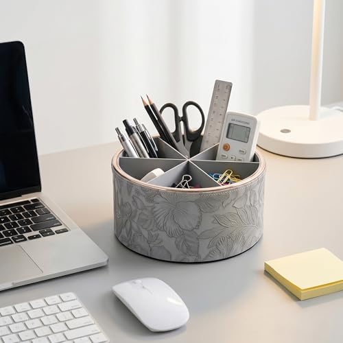 Remote Control Holder, 360°Spinning PU Leather Desk TV Remote Caddy,Desk Storage Box Room Accessories for Controller, Media,Mail,Calculator, Mobile Phone,Pencil(1B-Golden Grey) - Image 6