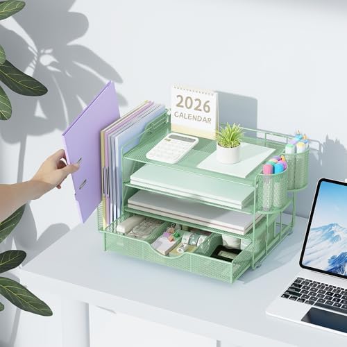 gianotter 4-Tier Desk Organizer with Drawers, File Holders, Letter Trays and Pen Holders - Workspace Accessories for Office Supplies (Sage Green) - Image 6