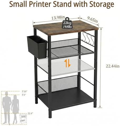 Small 3 Tier Printer Stand for Under Desk, Height Adjustable Shelf Printer Table with 3 S-Hooks & Basket, Heavy Duty Industrial Storage Shelf for Home Office (Rustic Brown) - Image 2