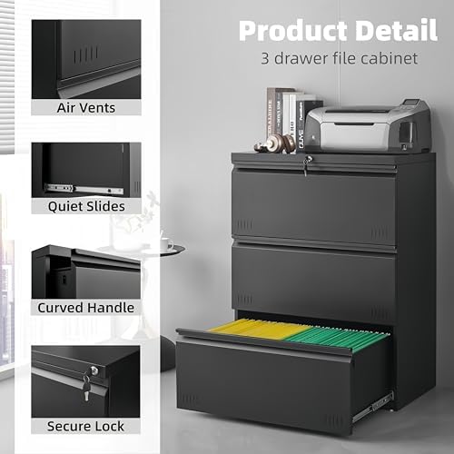 Lateral 3 Drawer File Cabient with Lock, Metal Filing Cabinets for Home Office, Heavty Duty Office Storage Cabinet for A4/Letter/Legal (Matte Black) - Image 4