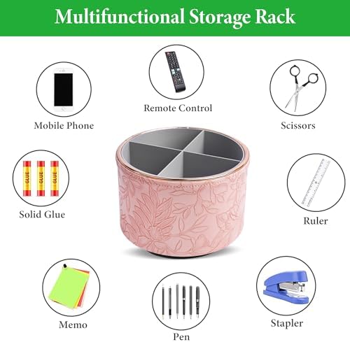 Remote Control Holder, 360°Spinning PU Leather Desk TV Remote Caddy,Desk Storage Box Room Accessories for Controller, Media,Mail,Calculator, Mobile Phone,Pencil(1B-Golden Pink) - Image 5
