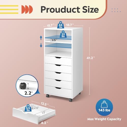 DEVAISE Mobile Drawer Cabinet for Home Office (White, 15.7"D x 18.7"W x 41.2"H) - Image 3