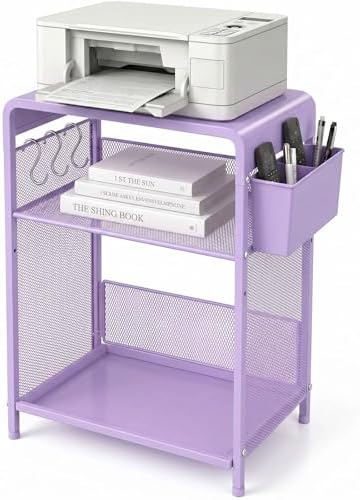 Small 3 Tier Printer Stand for Under Desk, Height Adjustable Shelf Printer Table with 3 S-Hooks & Basket, Heavy Duty Industrial Storage Shelf for Home Office (Purple) by ECOLOVI