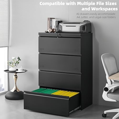 Lateral 4 Drawer File Cabient with Lock, Metal Filing Cabinets for Home Office, Heavty Duty Office Storage Cabinet for A4/Letter/Legal (Matte Black) - Image 7