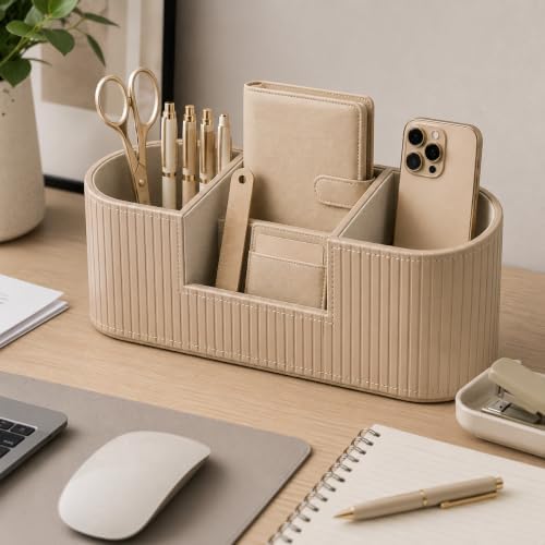 Aesthetic Desk Organizer for Women, Luxury Faux Leather Desk Accessories with 4 Compartments, Minimalist Vanity Organizer for Makeup Brushes, Beige Office Decor for Home, Bedroom & Workspace - Image 4