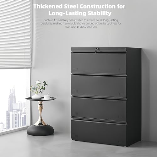 Lateral 4 Drawer File Cabient with Lock, Metal Filing Cabinets for Home Office, Heavty Duty Office Storage Cabinet for A4/Letter/Legal (Matte Black) - Image 3