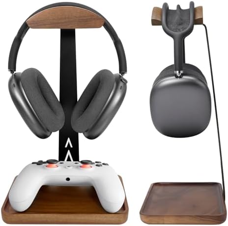 GEVO Headphone Stand, Walnut Wood Headset Stand with Controller Holder by GEVO