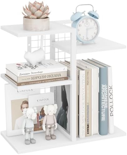 Desk Bookshelf, 4 Tier Wood Desktop Bookshelf, Adjustable Table Top Book Shelf and Storage Rack for Office Supplies, Dorm, Home Office, White by ELITEROO