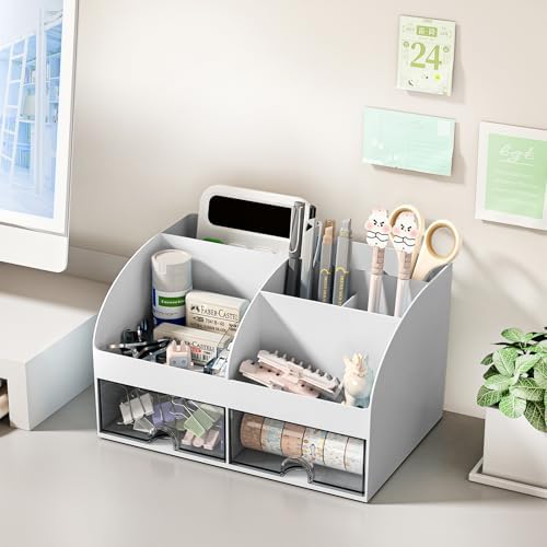 COMFYROOM Desk Organizer with 6 Compartments and 2 Drawers, Plastic Makeup Organizer, Pen Holder for Desktop Storage, Desk Organization for School, Home, Office Supplies (Grey) - Image 3