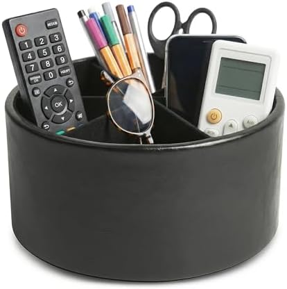 Remote Control Holder, 360°Spinning PU Leather Desk TV Remote Caddy,Desk Storage Box Room Accessories for Controller, Media,Mail,Calculator, Mobile Phone,Pencil(1-Oil Black) by Hennaja