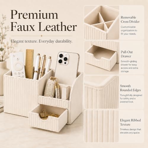 Luxury PU Leather Desk Organizer with Drawer, Modern Aesthetic Office Desk Accessories for Women, Multi-Compartment Pen Holder & Desktop Storage Organizer for Home Office, Cream White - Image 6
