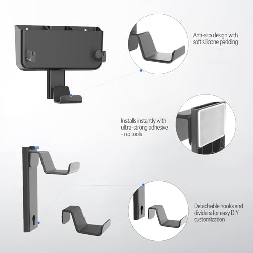 Controller & Headset & Remote Holder Wall Mount with No Drill, 2 Packs Gaming 4 Controllers Hanger Hook Mount for PS5/PS4/XBOX/Switch, Headphone Stand & Remote Control Holer Wall Shelf with Adhesives - Image 4