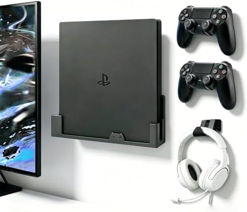 Wall Mount for PS4 Slim with Controller & Headphone Holders by BracNova