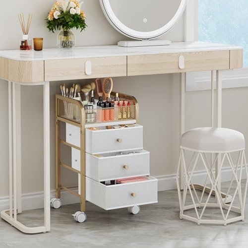 Rolling Makeup Organizer Cart - Under Desk Vanity Makeup Storage with 3 Non-woven Drawers, Nail Cart Organizer Cosmetic Display Cases Cabinet for Skin Care Perfume Nail Polish Brush Hair Tool - Image 3
