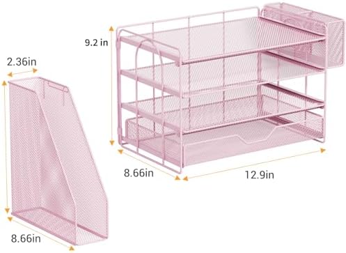 4-Tier Desk File Organizer with Drawer & Pen Holder (Pink) - Image 3