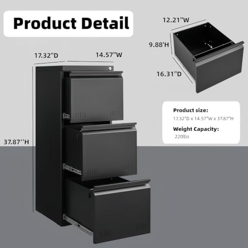 Metal File Cabinet with Lock, Vertical 3 Drawer File Cabinets for Home Office, Heavy Duty Office Storage Cabinet for A4/Letter/Legal Size, Assembly Required(Black) - Image 2