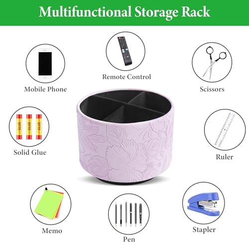 Round Leather Art Supply Organizer,Remote Control Holder,360 Degree Spinning,Multi-Functional Pencil Holder,4 Compartments Desktop Stationary Organizer(1-Carved Purple) - Image 5