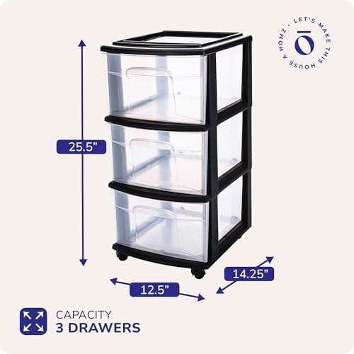 Homz 3 Drawer Plastic Storage Cart Organizer, Clear Drawers, Black Frame - Image 3