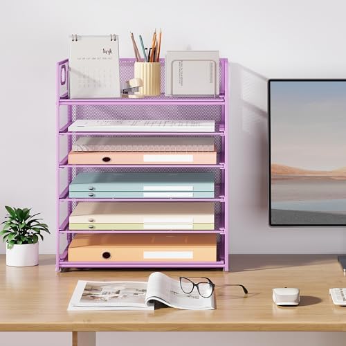 6 Tier Paper File Tray Organizer for Desk, Purple Mesh Desk Letter Paper File Folder Accessories Sorter Organizer with Handle, Stackable Slide Tray for Office, Home or School Supplies Storage - Image 7