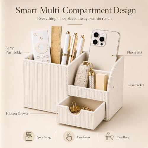 Luxury PU Leather Desk Organizer with Drawer, Modern Aesthetic Office Desk Accessories for Women, Multi-Compartment Pen Holder & Desktop Storage Organizer for Home Office, Cream White - Image 5