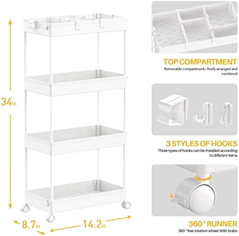 4 Tier Rolling Cart with Wheels, Storage Craft Art Trolley Organizer Serving, 3 Hanging Baskets Easy Assembly, for Office, Living Room, Kitchen - Image 3