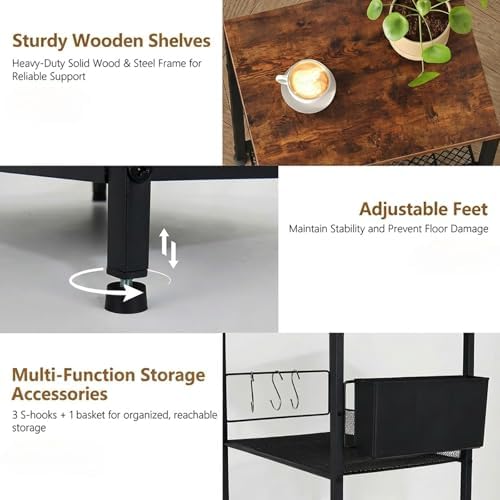 Small 3 Tier Printer Stand for Under Desk, Height Adjustable Shelf Printer Table with 3 S-Hooks & Basket, Heavy Duty Industrial Storage Shelf for Home Office (Rustic Brown) - Image 3