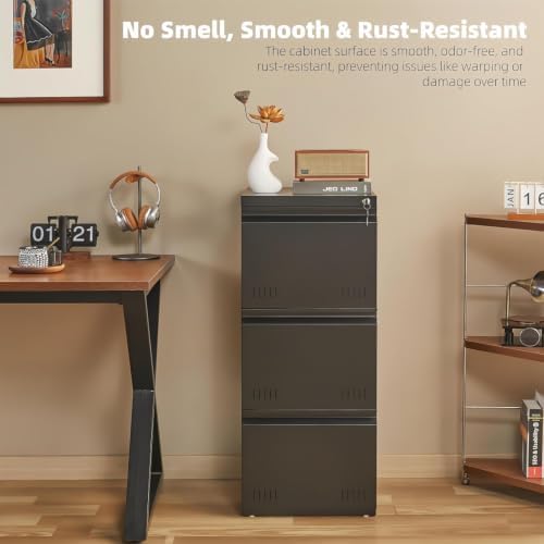 Metal File Cabinet with Lock, Vertical 3 Drawer File Cabinets for Home Office, Heavy Duty Office Storage Cabinet for A4/Letter/Legal Size, Assembly Required(Black) - Image 6
