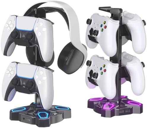 KDD Gaming Headphones Stand, Rotatable Headset Stand with Light Modes - Controller Holder with 2 USB Charging Ports and 3.5mm - Earphone Hanger Accessories for Desktop Gamer(Black) by KDD