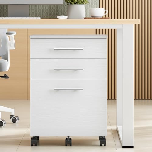 HOOBRO 3-Drawer File Cabinet, Wooden Under Desk Filing Cabinet, fits A4/Letter Size for Home Office, Small Rolling Storage Drawer Chest, Printer Stand with Drawers, White WW02WJ01G1 - Image 2