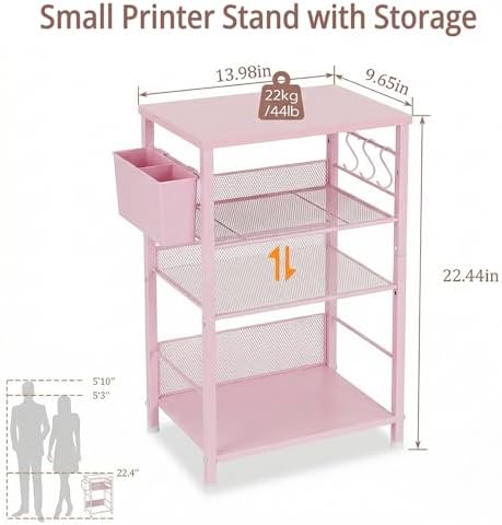 Small 3 Tier Printer Stand for Under Desk, Height Adjustable Shelf Printer Table with 3 S-Hooks & Basket, Heavy Duty Industrial Storage Shelf for Home Office (Deep Pink) - Image 2
